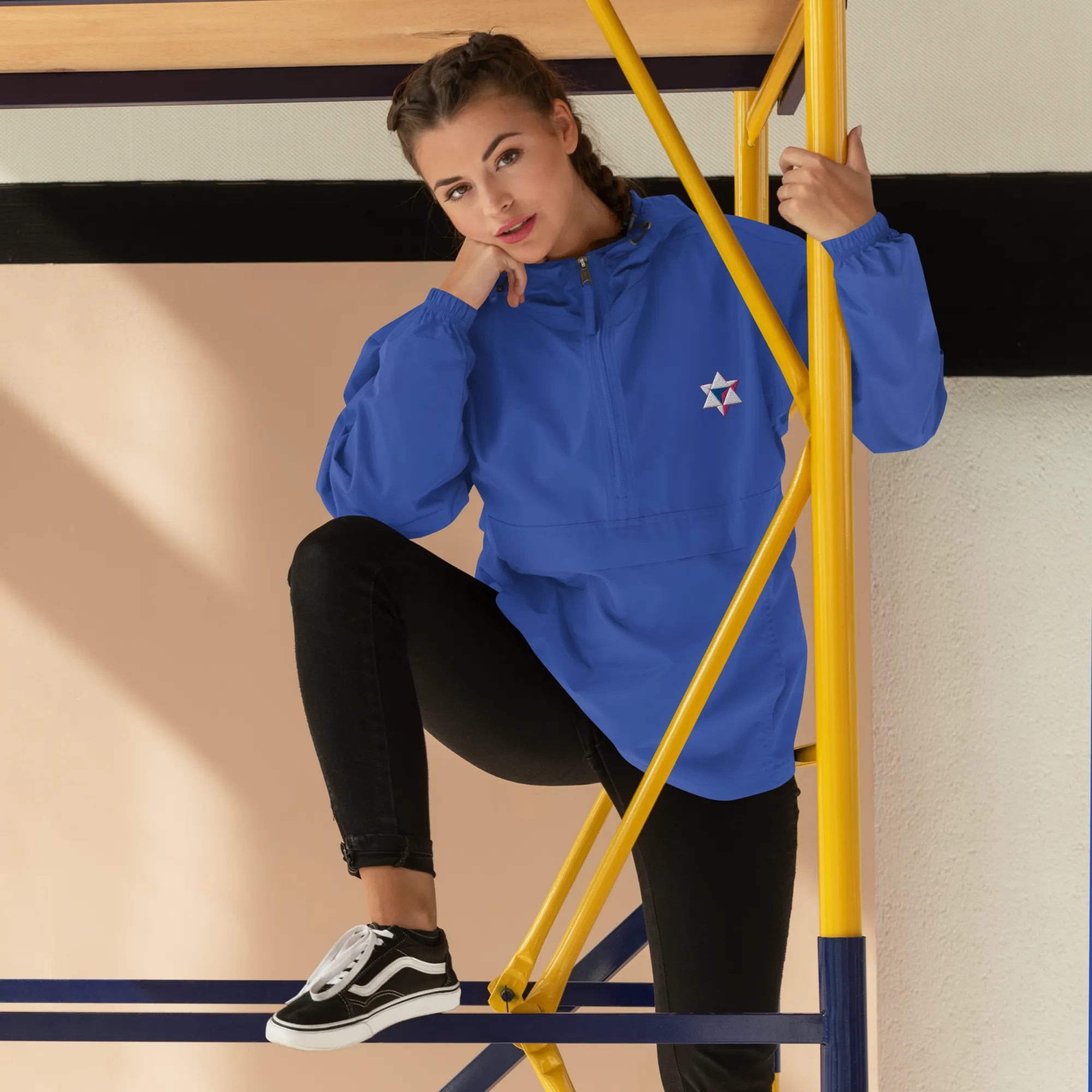 Unisex ALI3N x Champion Packable Jacket White/Royal/Flamingo Logo