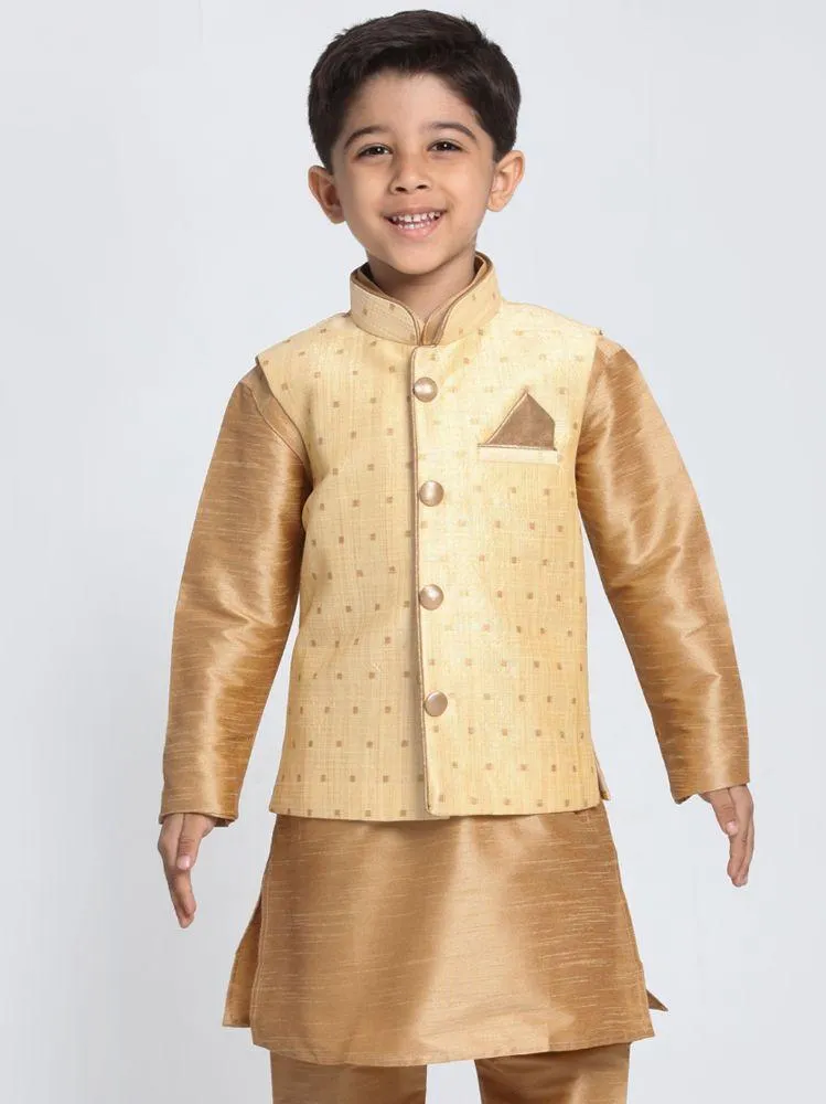 VASTRAMAY Boys Gold Silk Blend Nehru Jacket