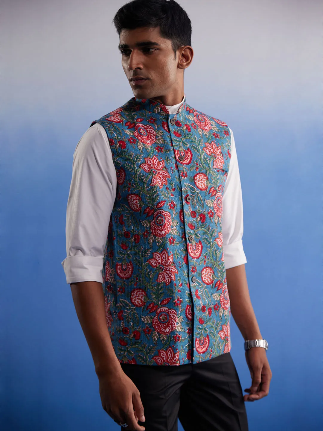 Vastramay Men's Aqua Printed Nehru Jacket