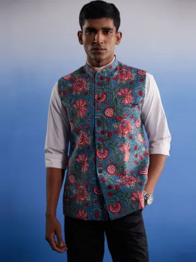 Vastramay Men's Aqua Printed Nehru Jacket