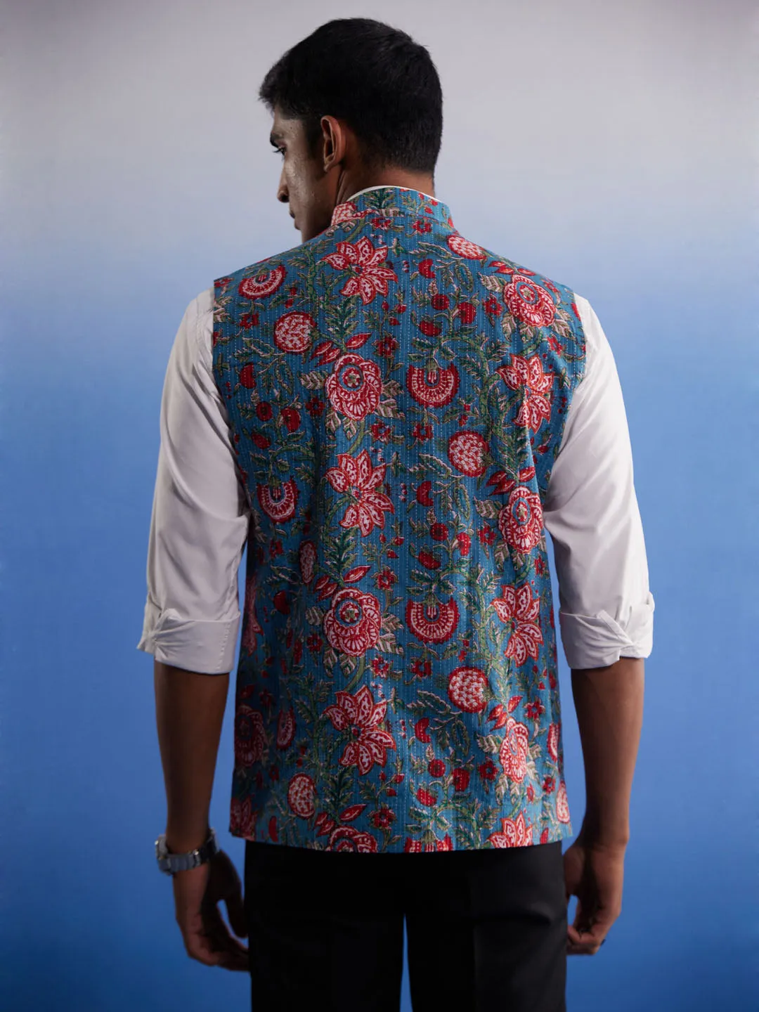 Vastramay Men's Aqua Printed Nehru Jacket