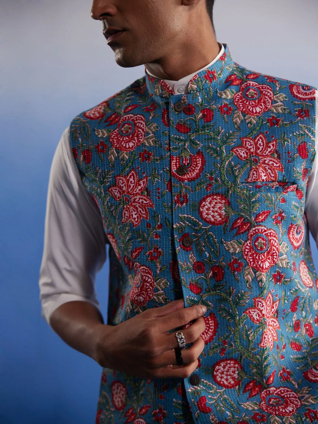 Vastramay Men's Aqua Printed Nehru Jacket