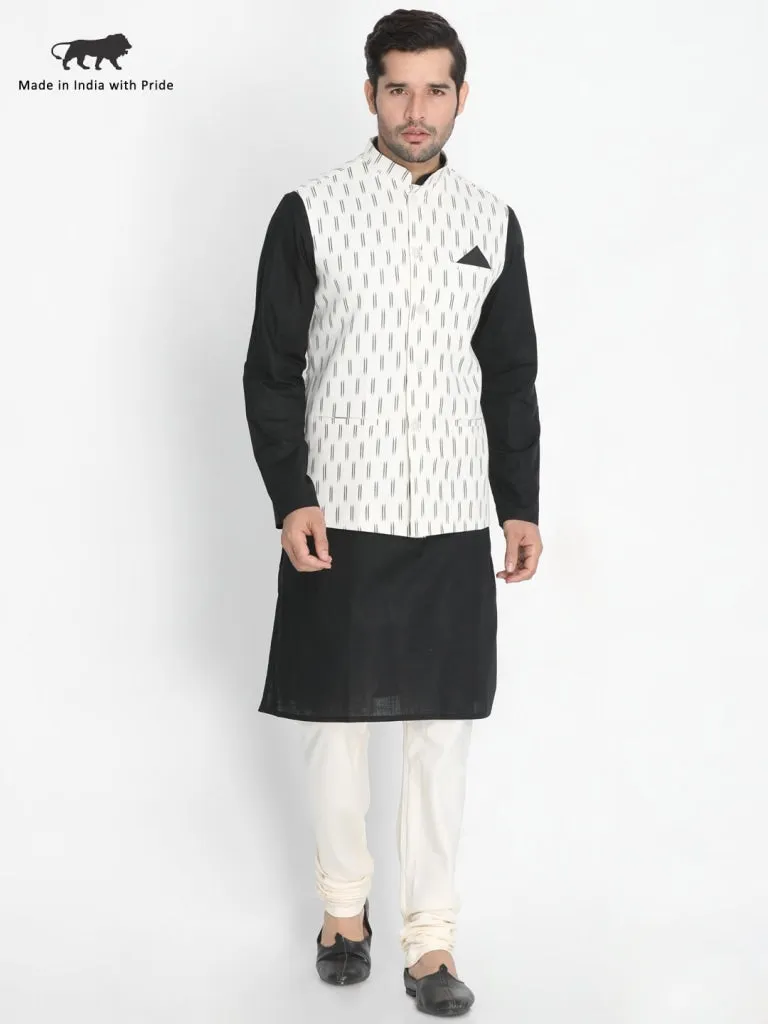 VASTRAMAY Men's Black Cotton Kurta, Ethnic Jacket and Pyjama Set