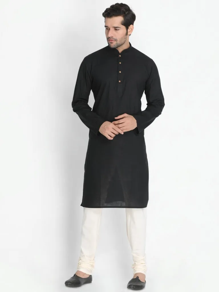 VASTRAMAY Men's Black Cotton Kurta, Ethnic Jacket and Pyjama Set