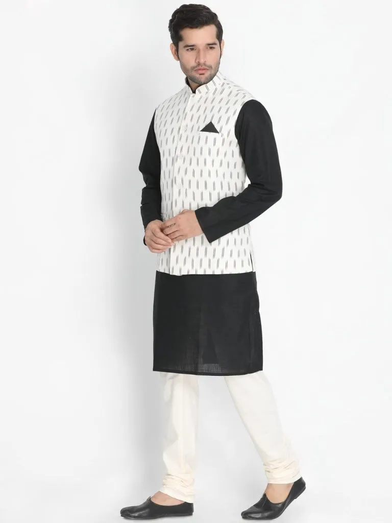 VASTRAMAY Men's Black Cotton Kurta, Ethnic Jacket and Pyjama Set