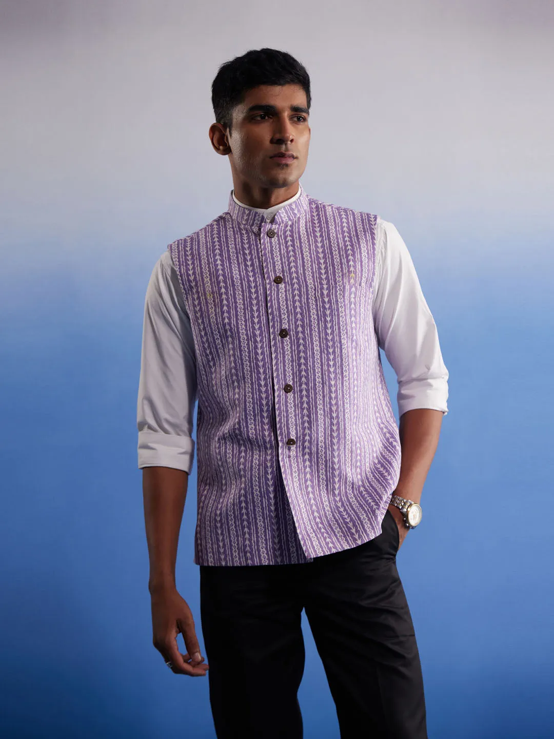 Vastramay Men's Purple Aztec Print Nehru Jacket