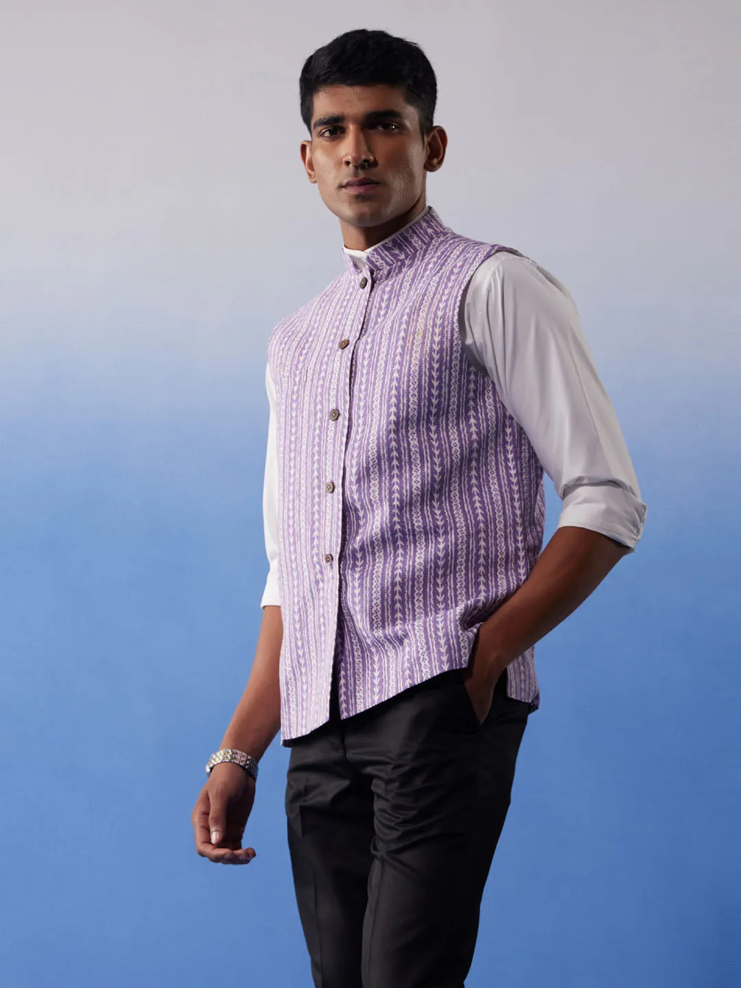 Vastramay Men's Purple Aztec Print Nehru Jacket