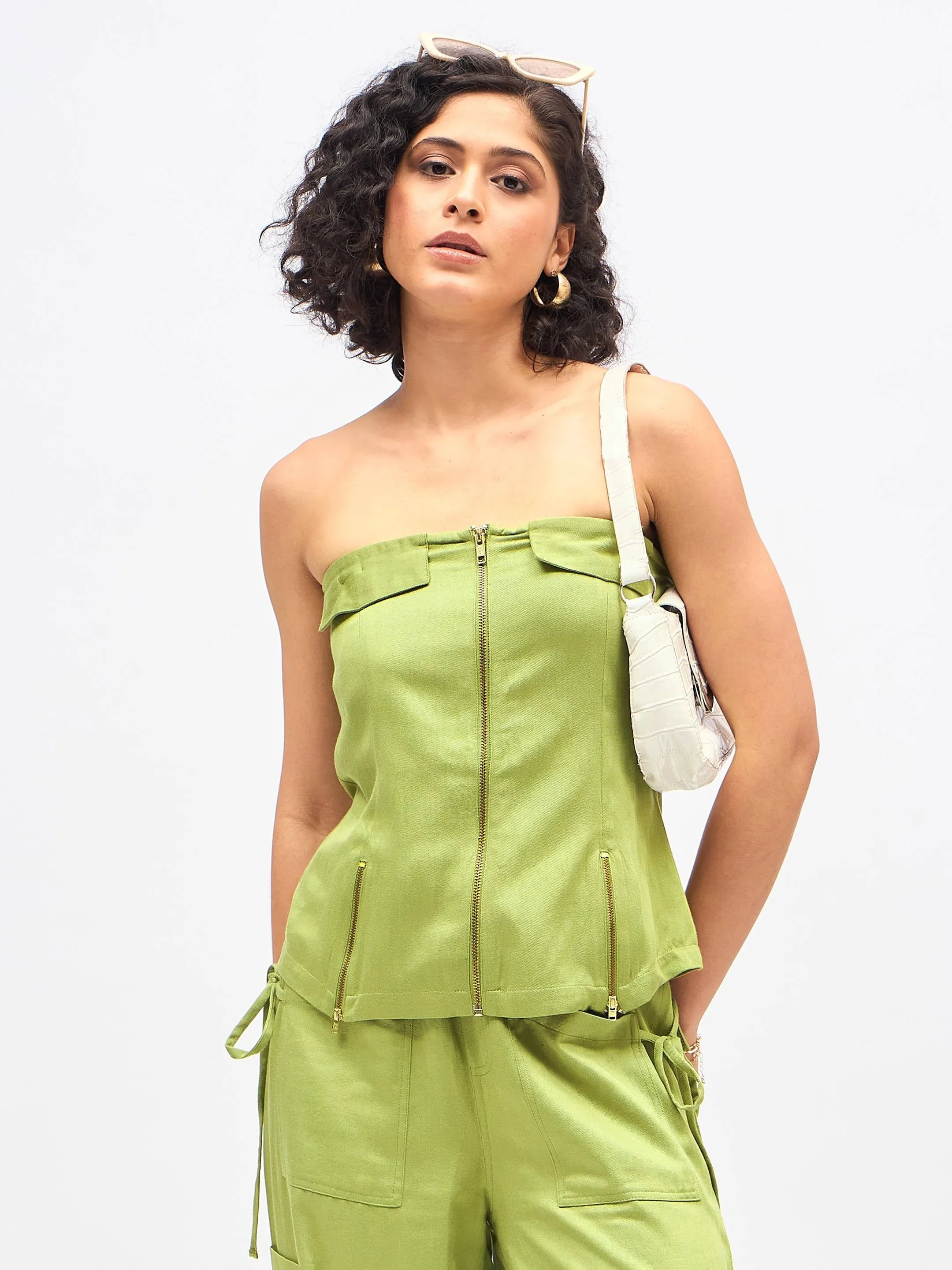 Women Olive Twill Front Zip Detail Corset Top