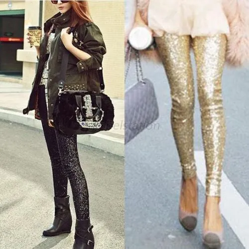 Women Sequin Stretchy Leggings Bling Paillette Slim Legging Pencil Pants 3 Colors SM6