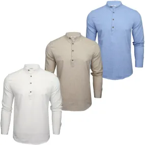 Xact Mens Cotton Linen Grandad Band Collar Tunic Shirt - Long Sleeved