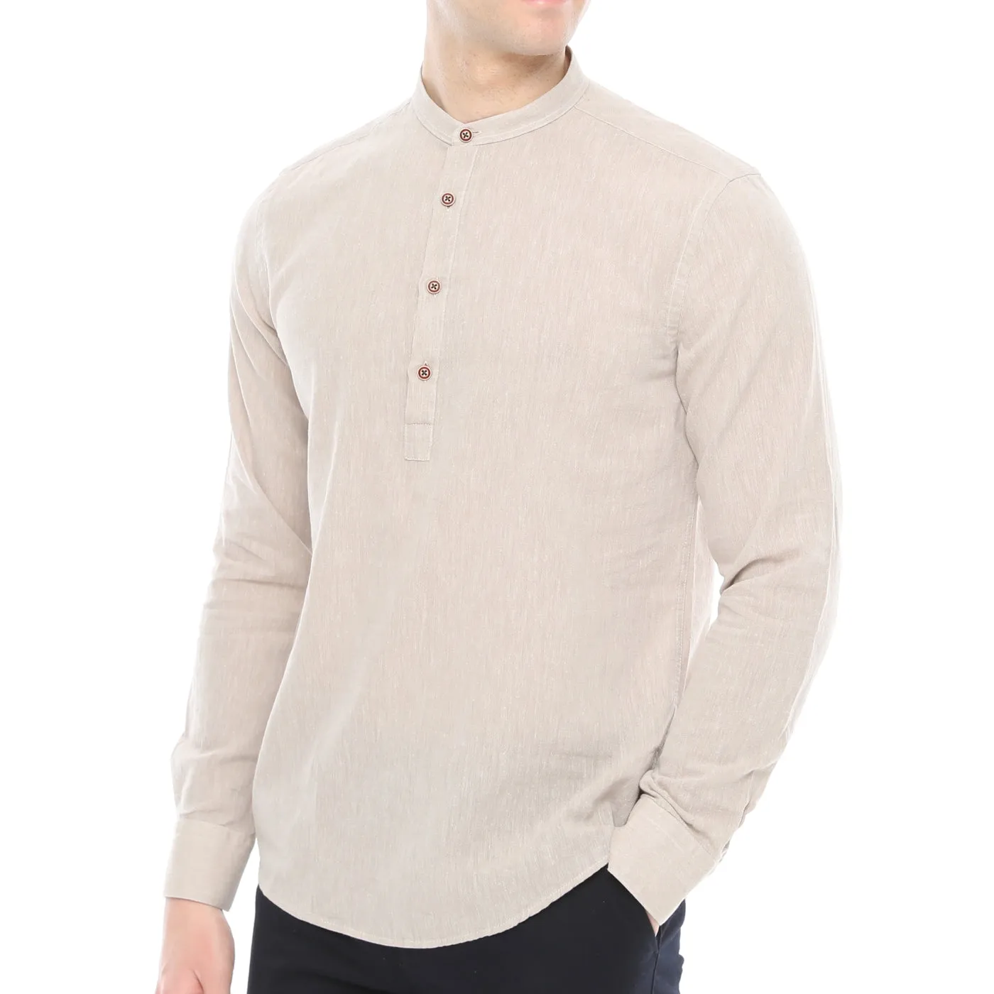 Xact Mens Cotton Linen Grandad Band Collar Tunic Shirt - Long Sleeved