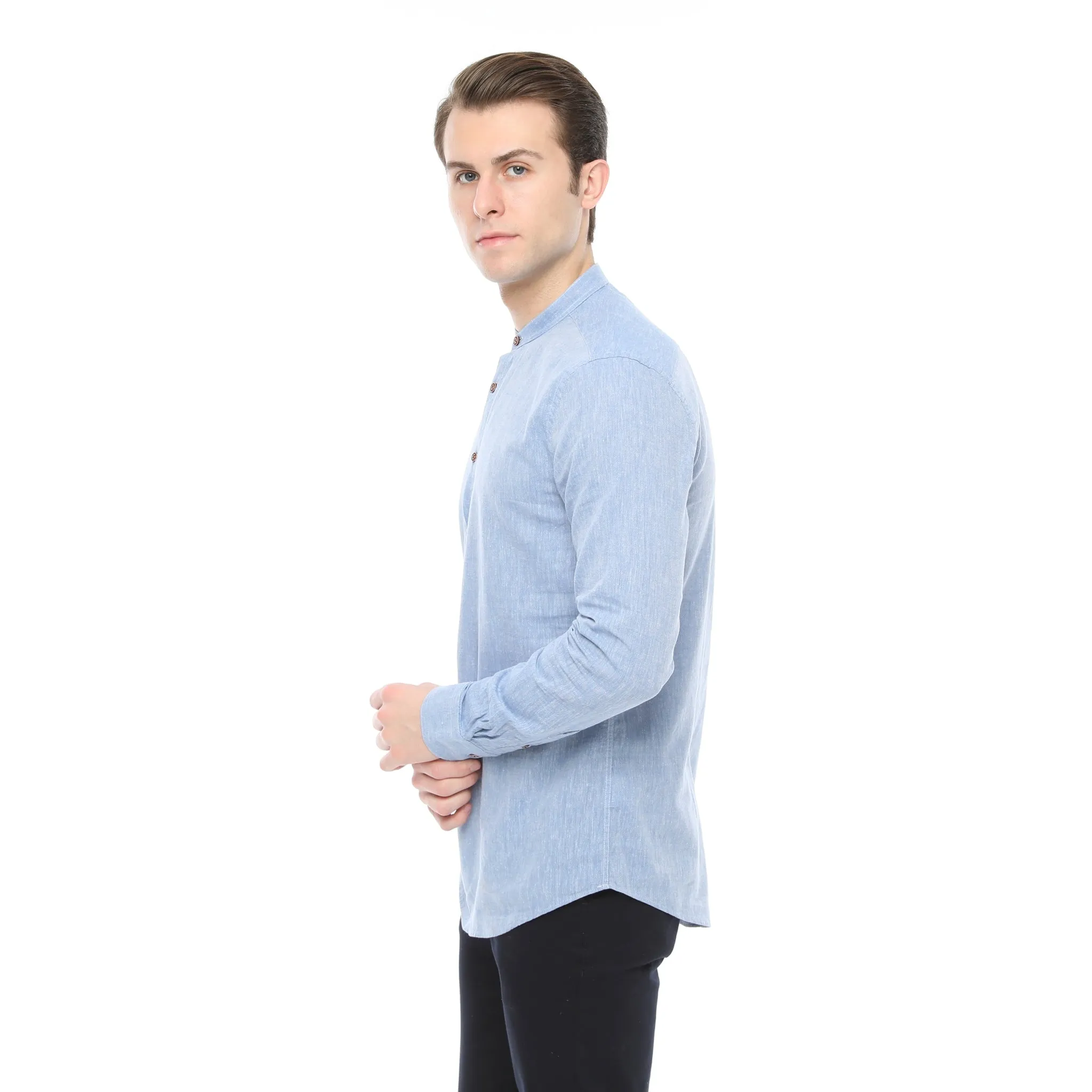 Xact Mens Cotton Linen Grandad Band Collar Tunic Shirt - Long Sleeved