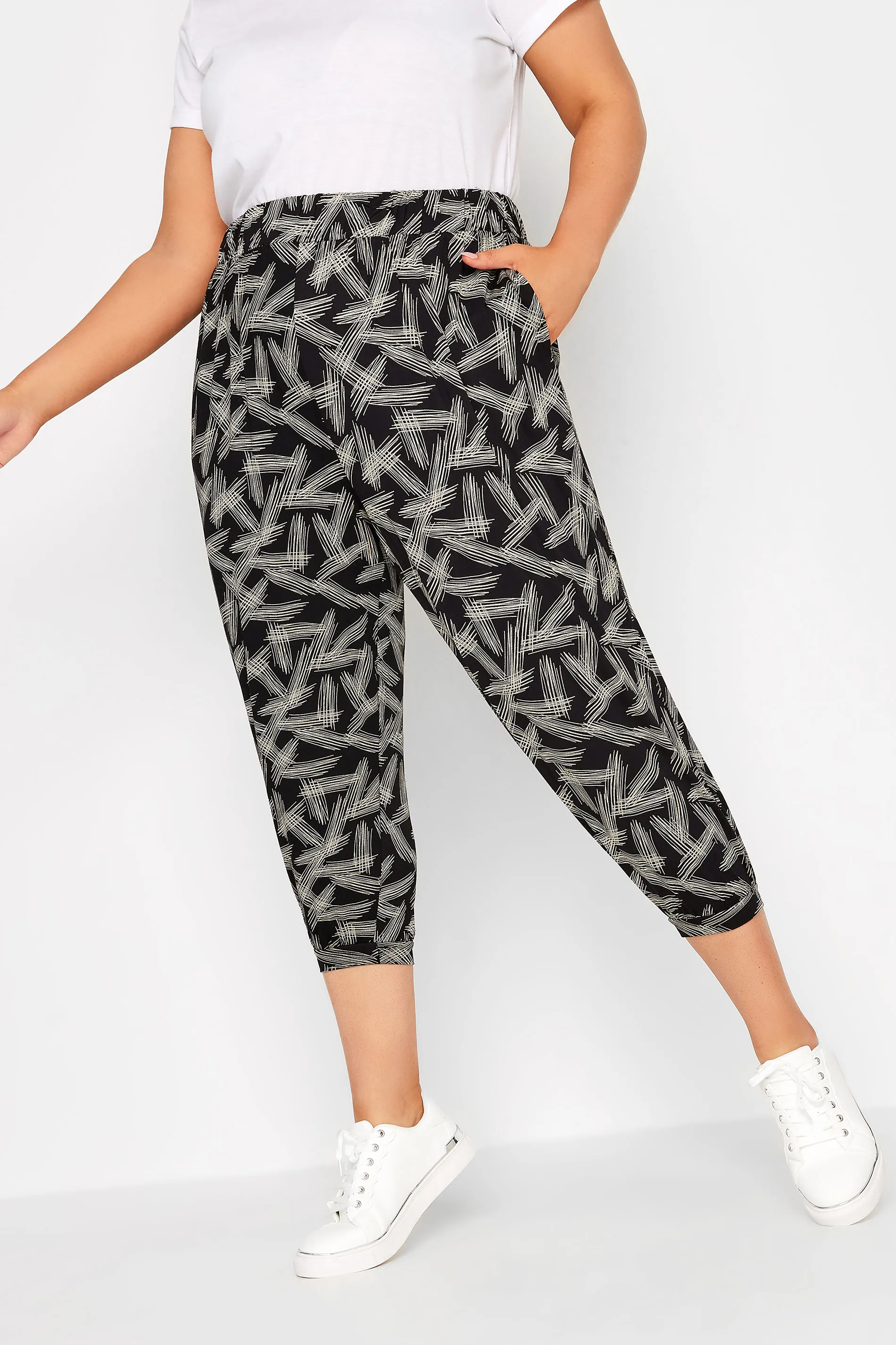 YOURS Curve Black Stripe Print Cropped Harem Joggers