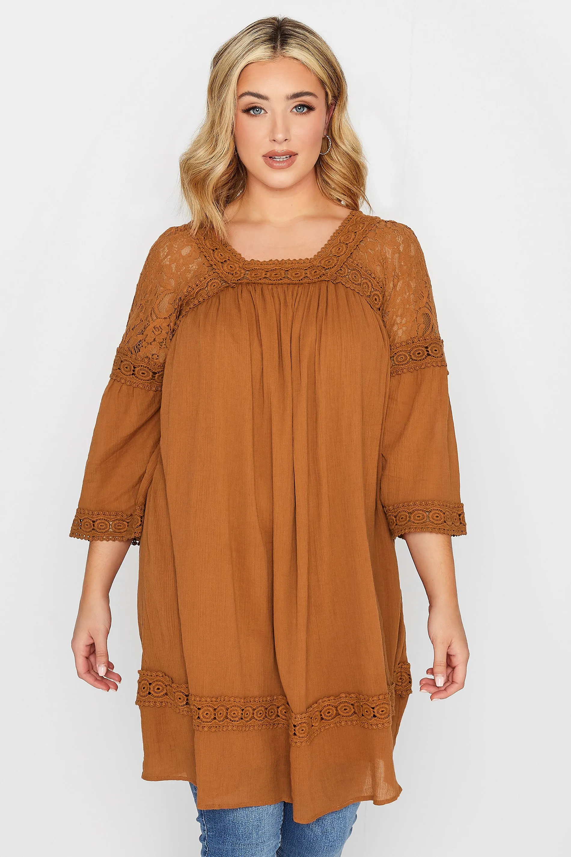 YOURS Curve Orange Crochet Lace Tunic Blouse