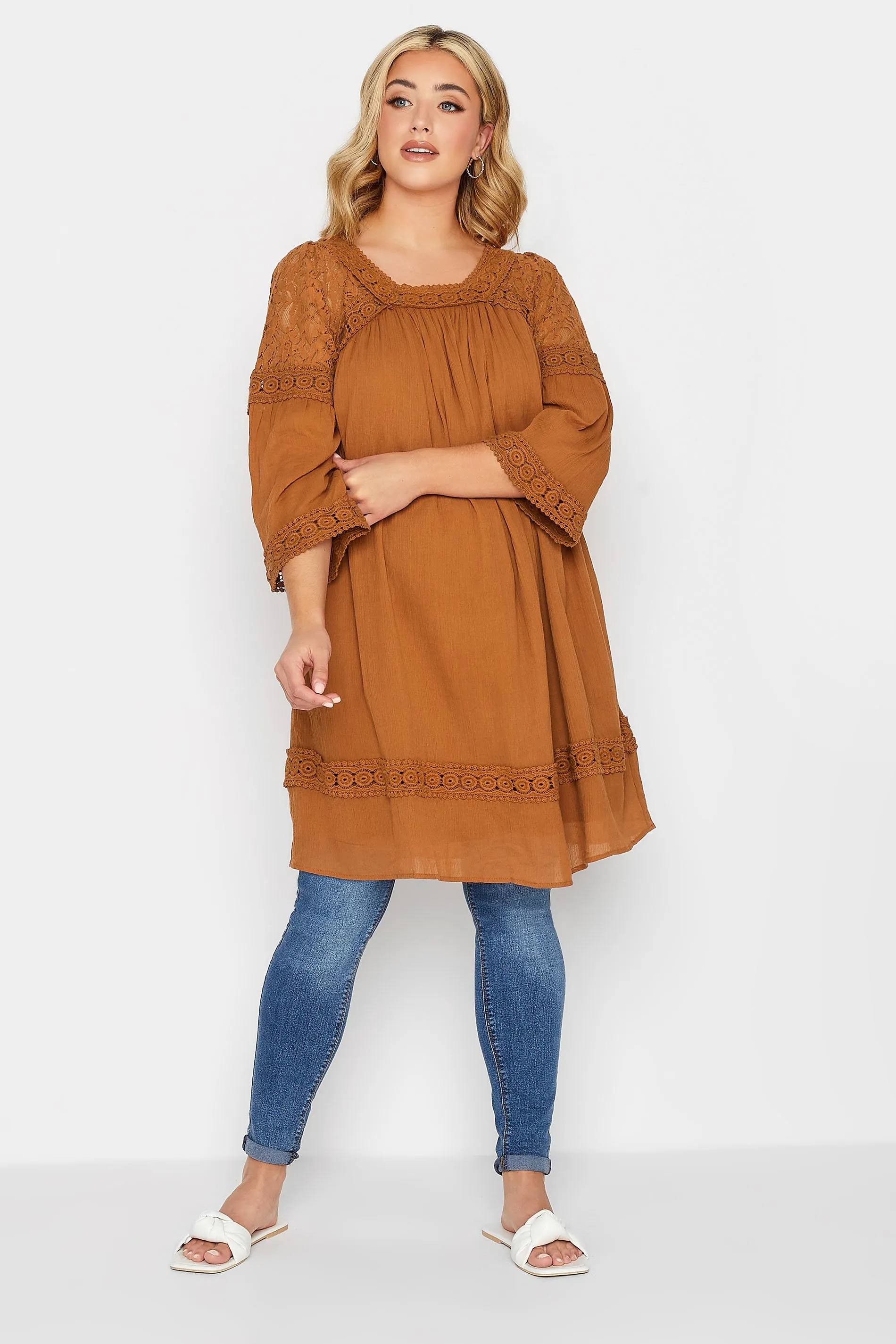 YOURS Curve Orange Crochet Lace Tunic Blouse